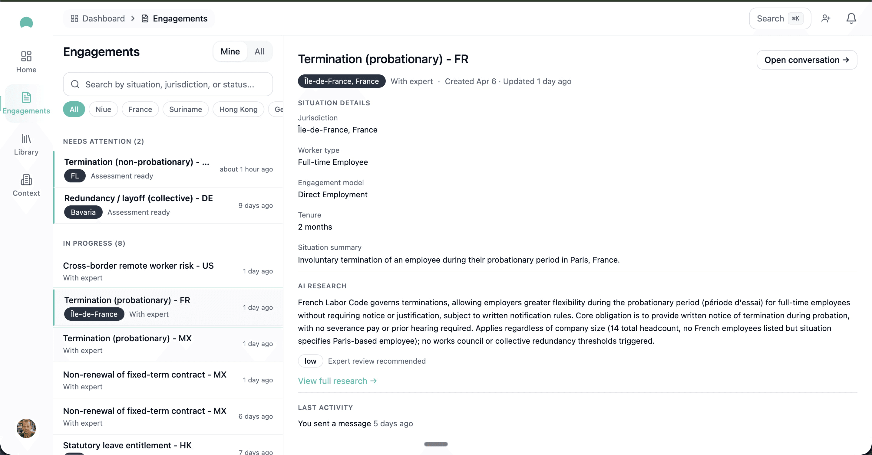 Engagement detail view showing a resolved case and deliverable