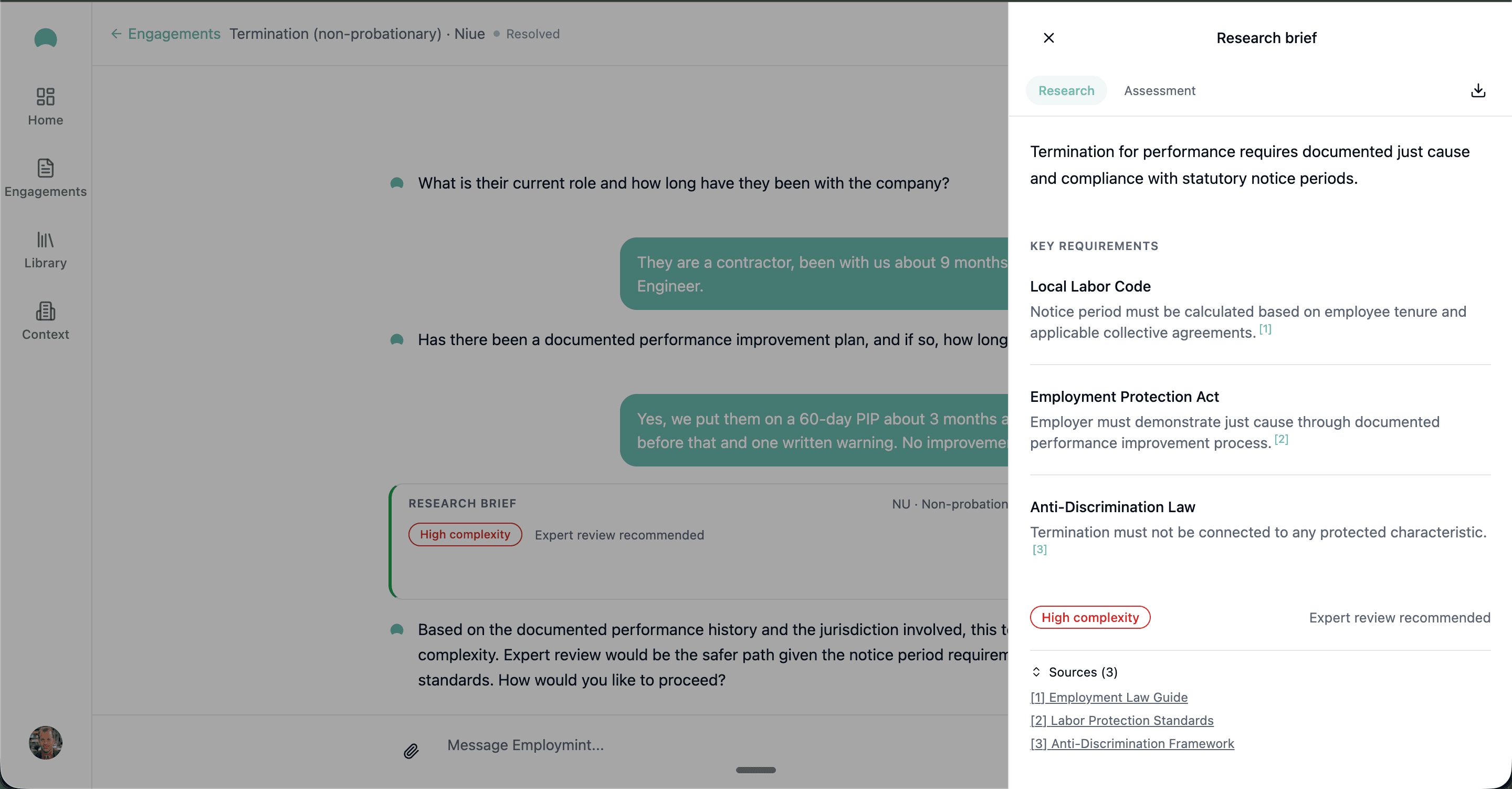 Research brief side panel showing legal framework citations and source references